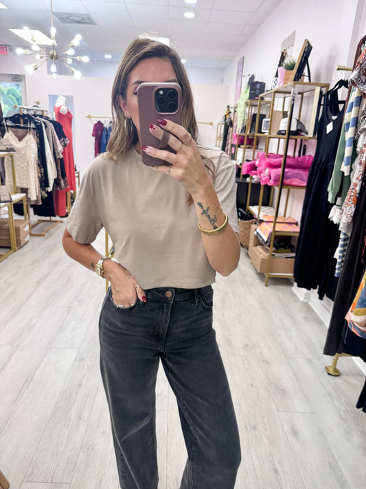 Taupe Cotton Lycra Boxy Cropped Tee