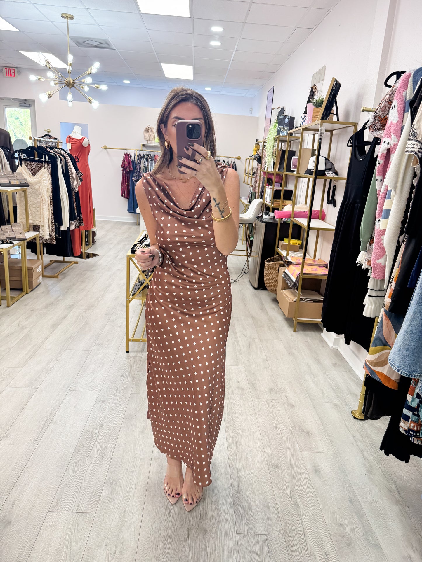 Satin Polka Dot Cowl Neck Maxi Dress