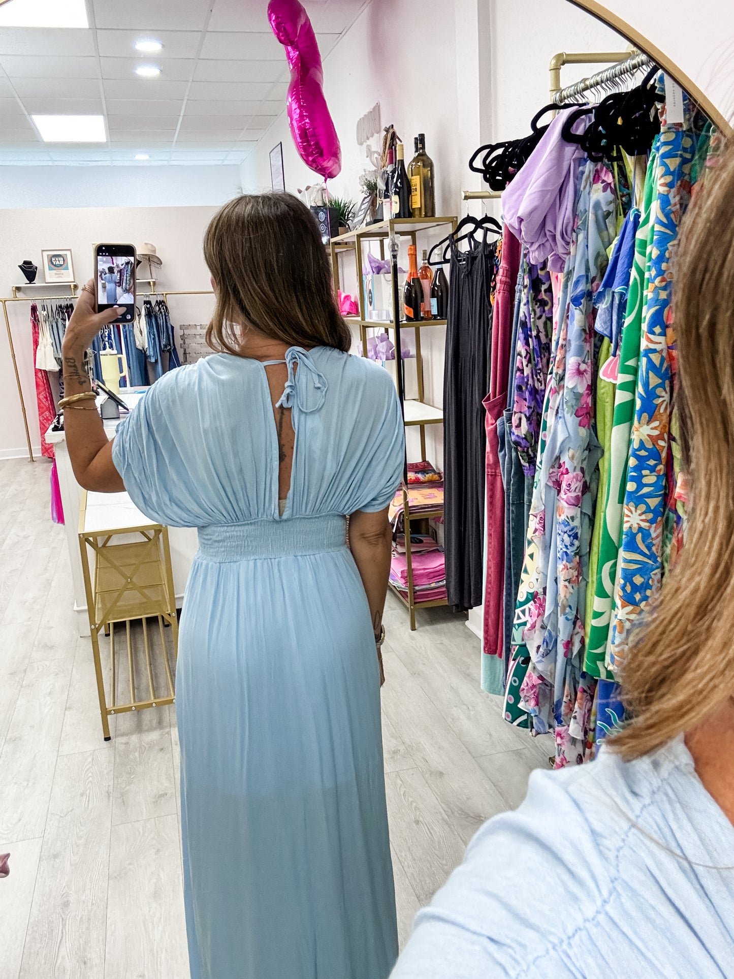 Blue Glow Smocked Waist Plunge Maxi Dress