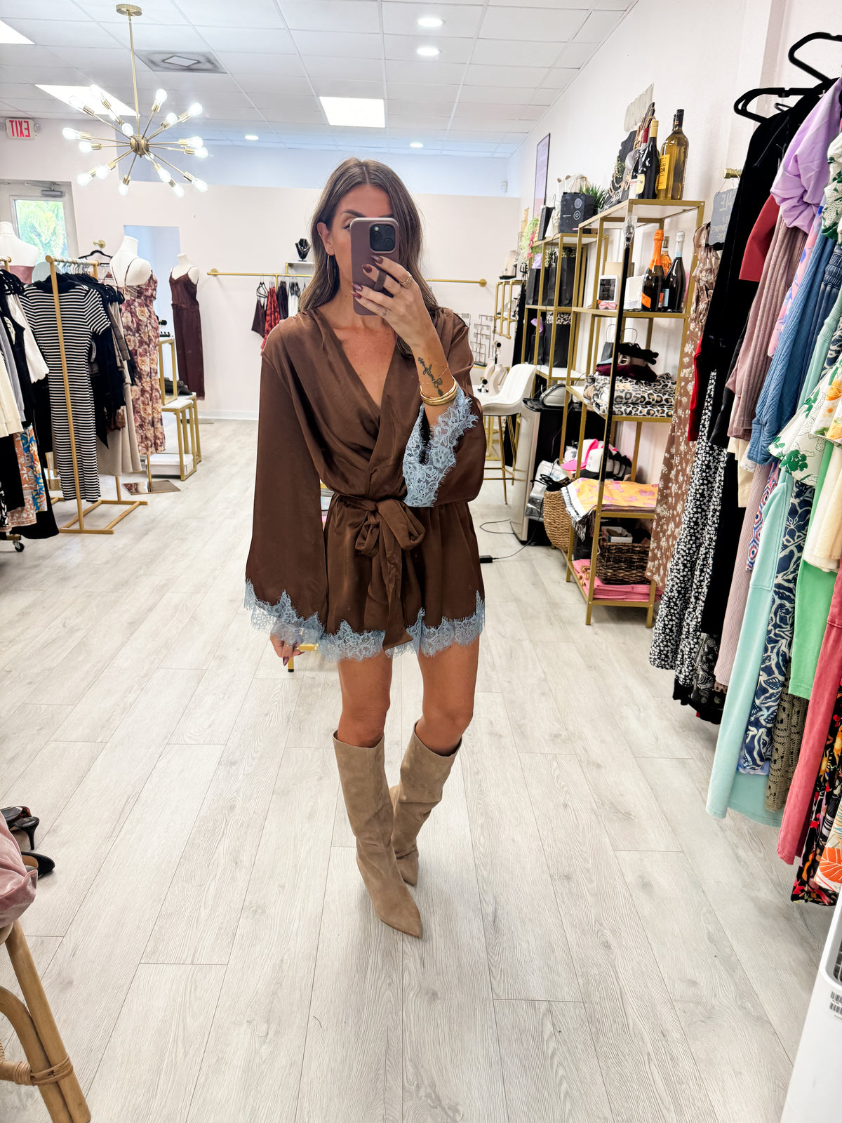 Brown Contrast Lace Trim Satin Wrap Romper