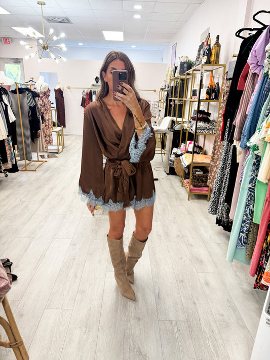Brown Contrast Lace Trim Satin Wrap Romper