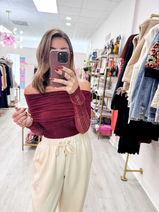 Mulberry Shadow Off The Shoulder Lace Top