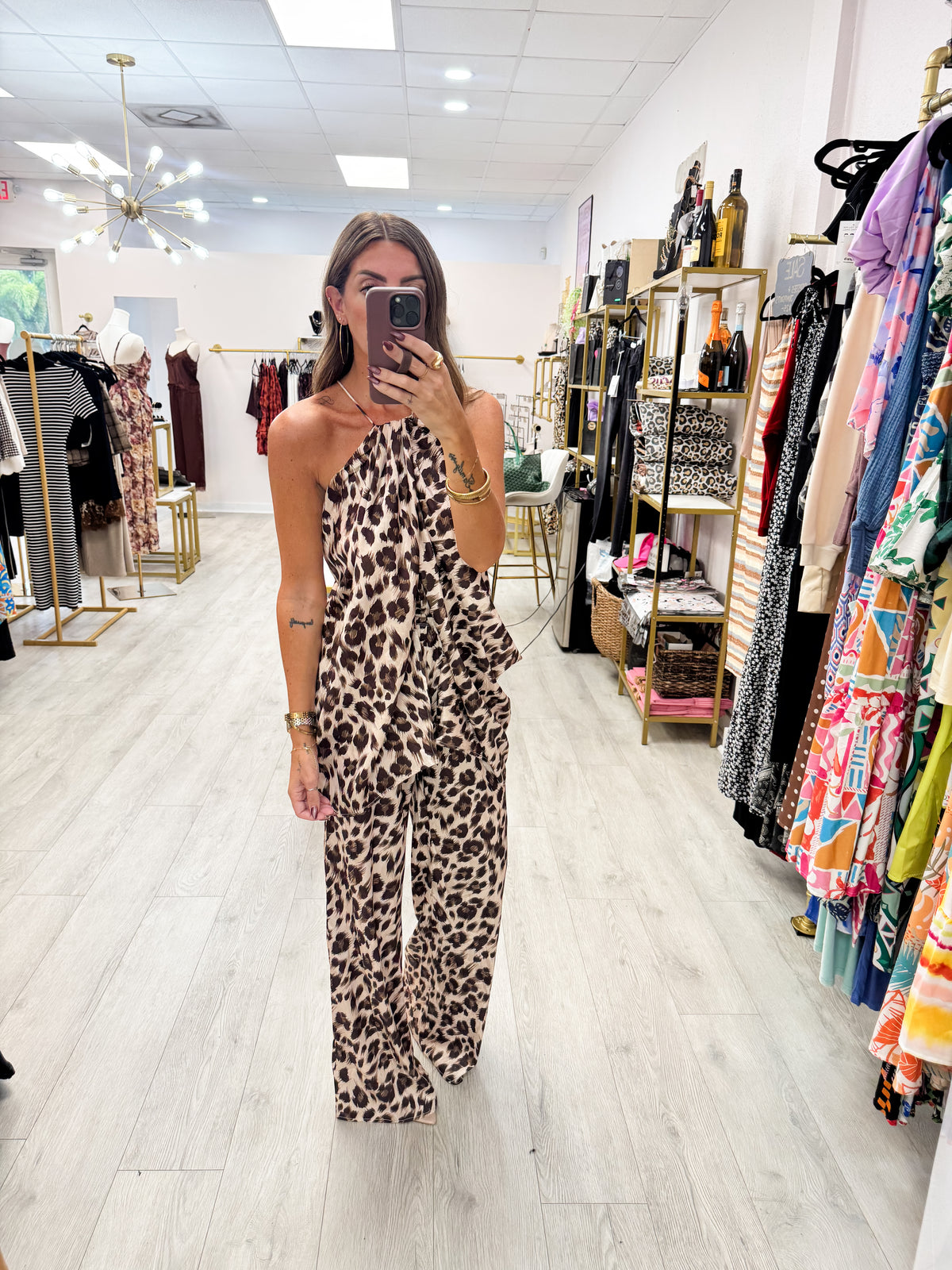 Leopard Drape Tunic Top and Wide Leg Pants Set