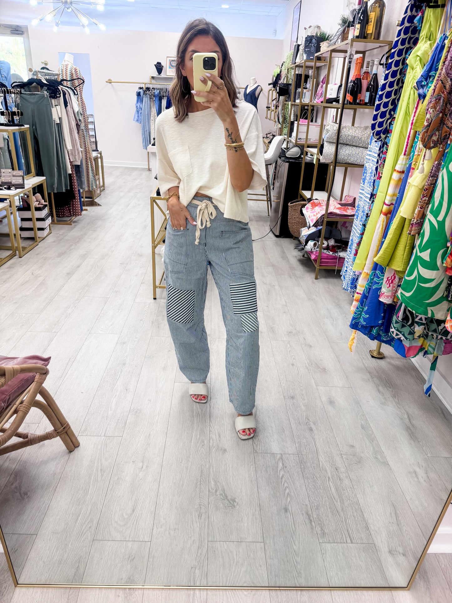 Washed Denim Relaxed Striped Drawstring Pants