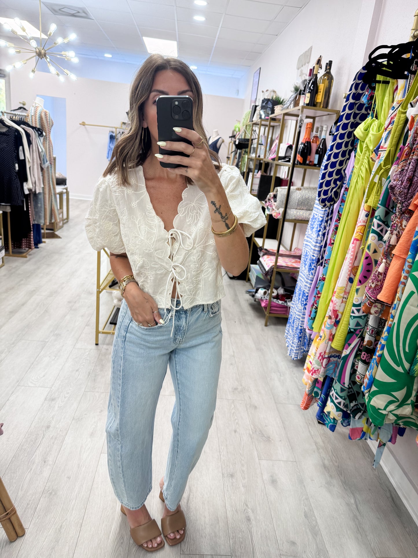 Cream Floral Embroidered Tie-Front Top