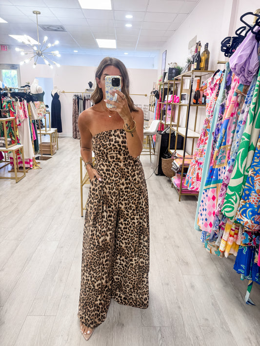 Brown Leopard Print Strapless Jumpsuit