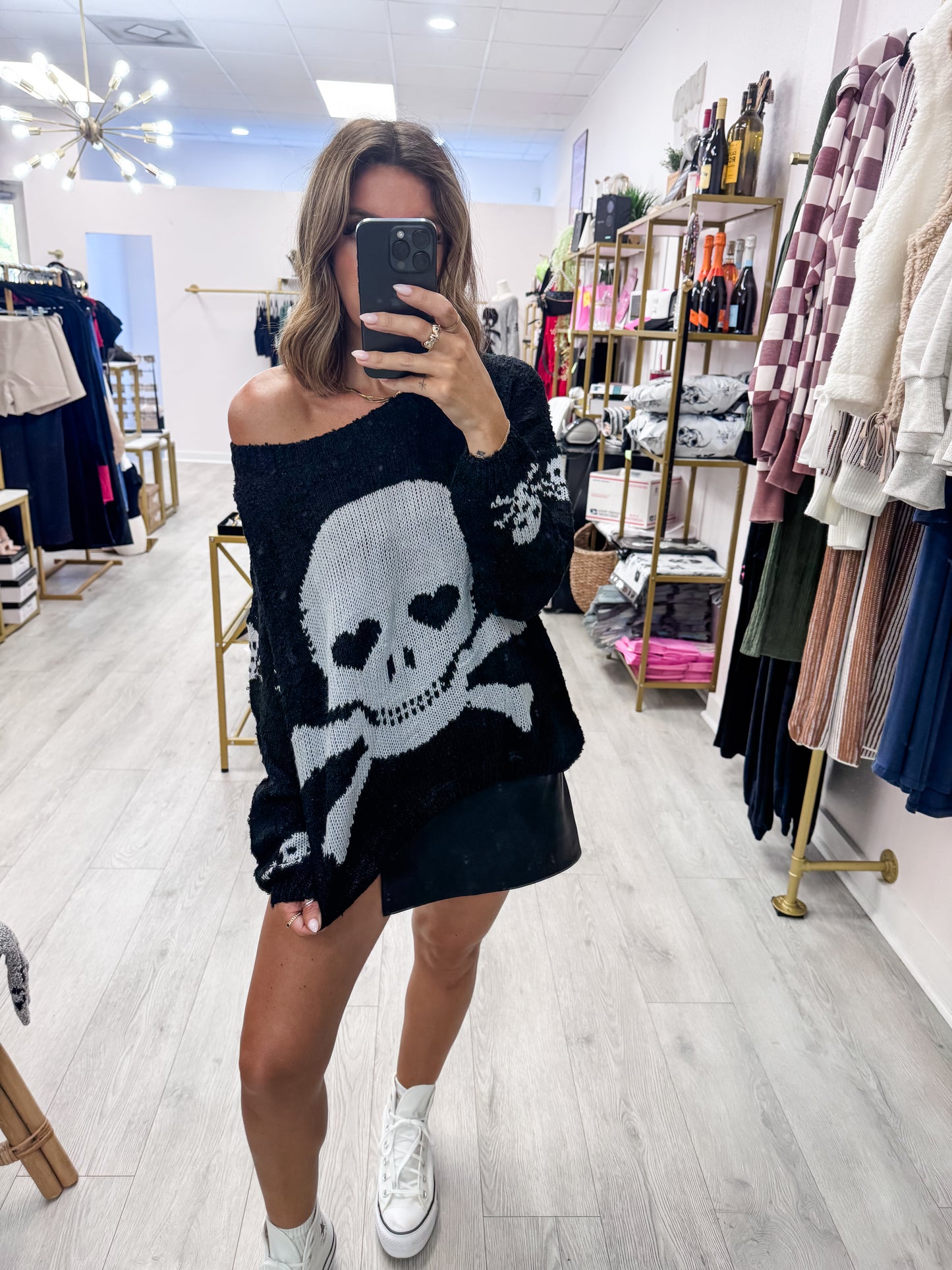Black Two Toned Knit Skull Sweater
