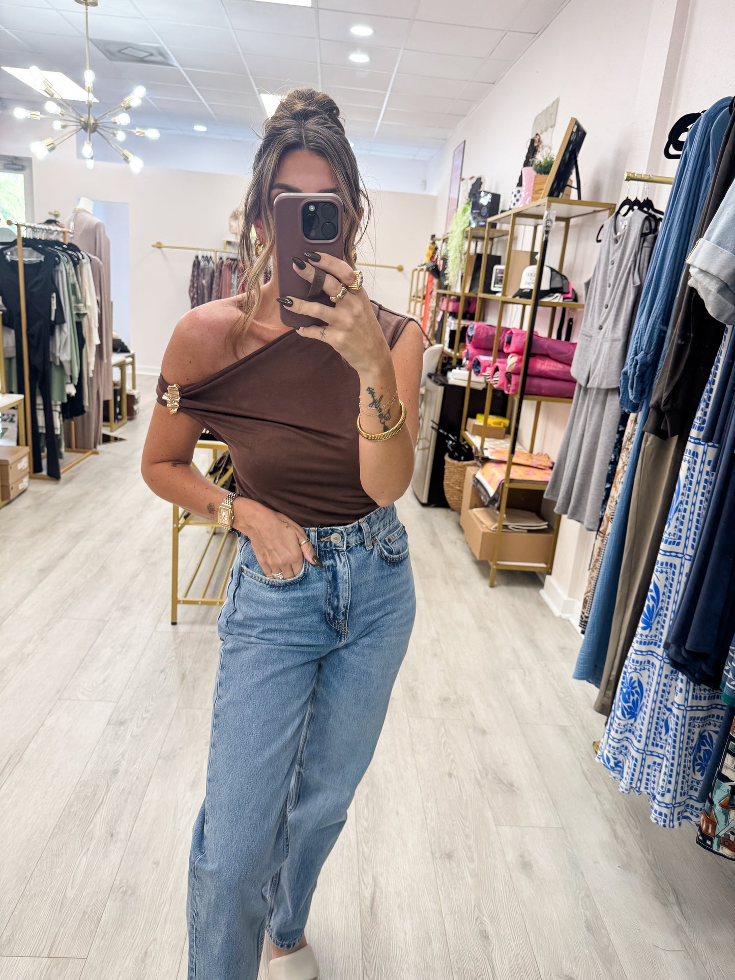 Brown One Shoulder Gold Trim Top