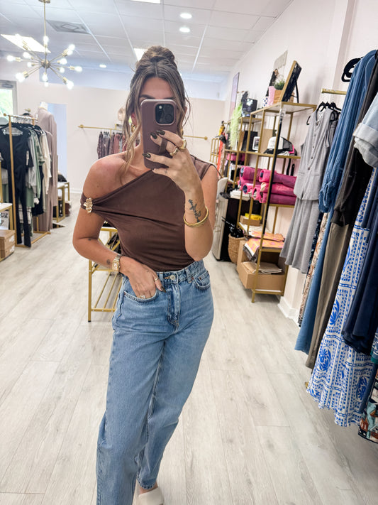Brown One Shoulder Gold Trim Top