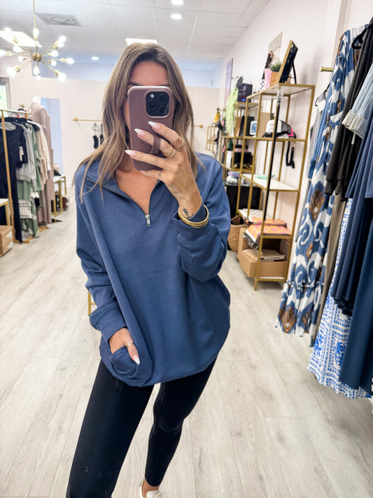 Double Knit Half Zip Dusty Navy Tunic