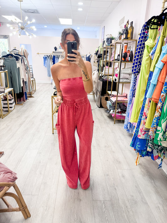 Dark Red Mineral Wash Strapless Wide-Leg Jumpsuit