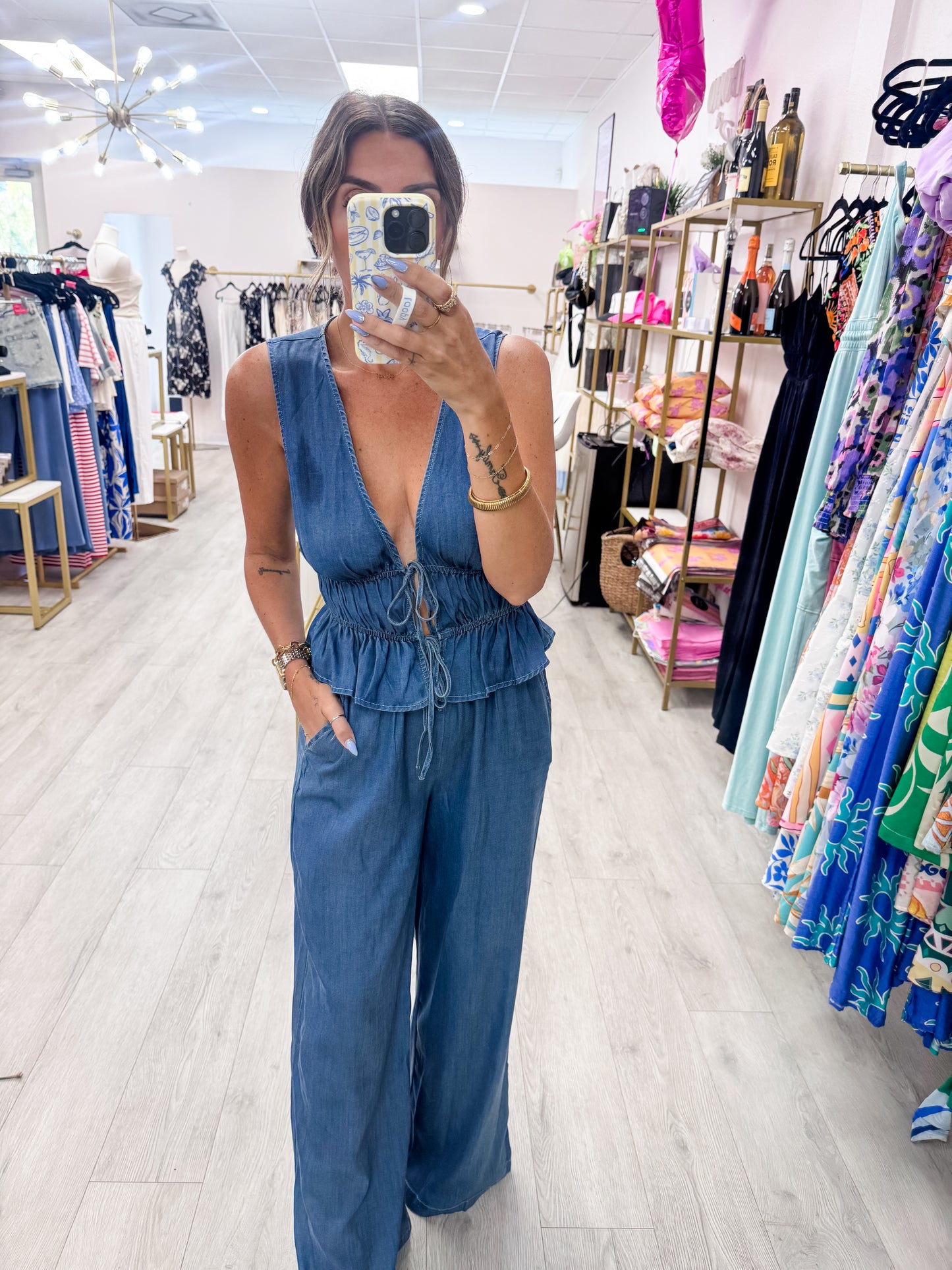 Chambray Tie Top & Pants SET