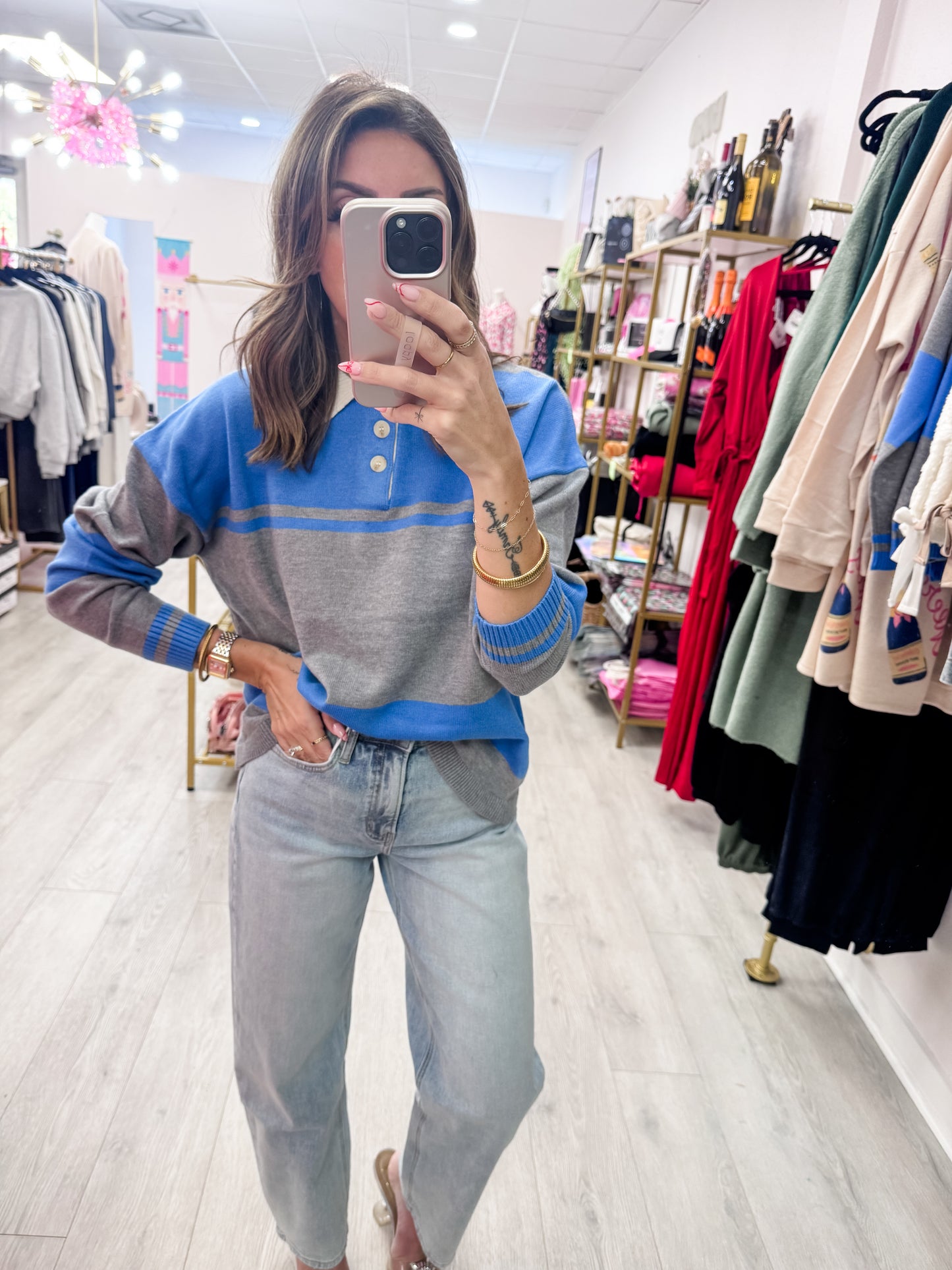 Gray & Blue Contrasting Striped Sweater With Polo Collar