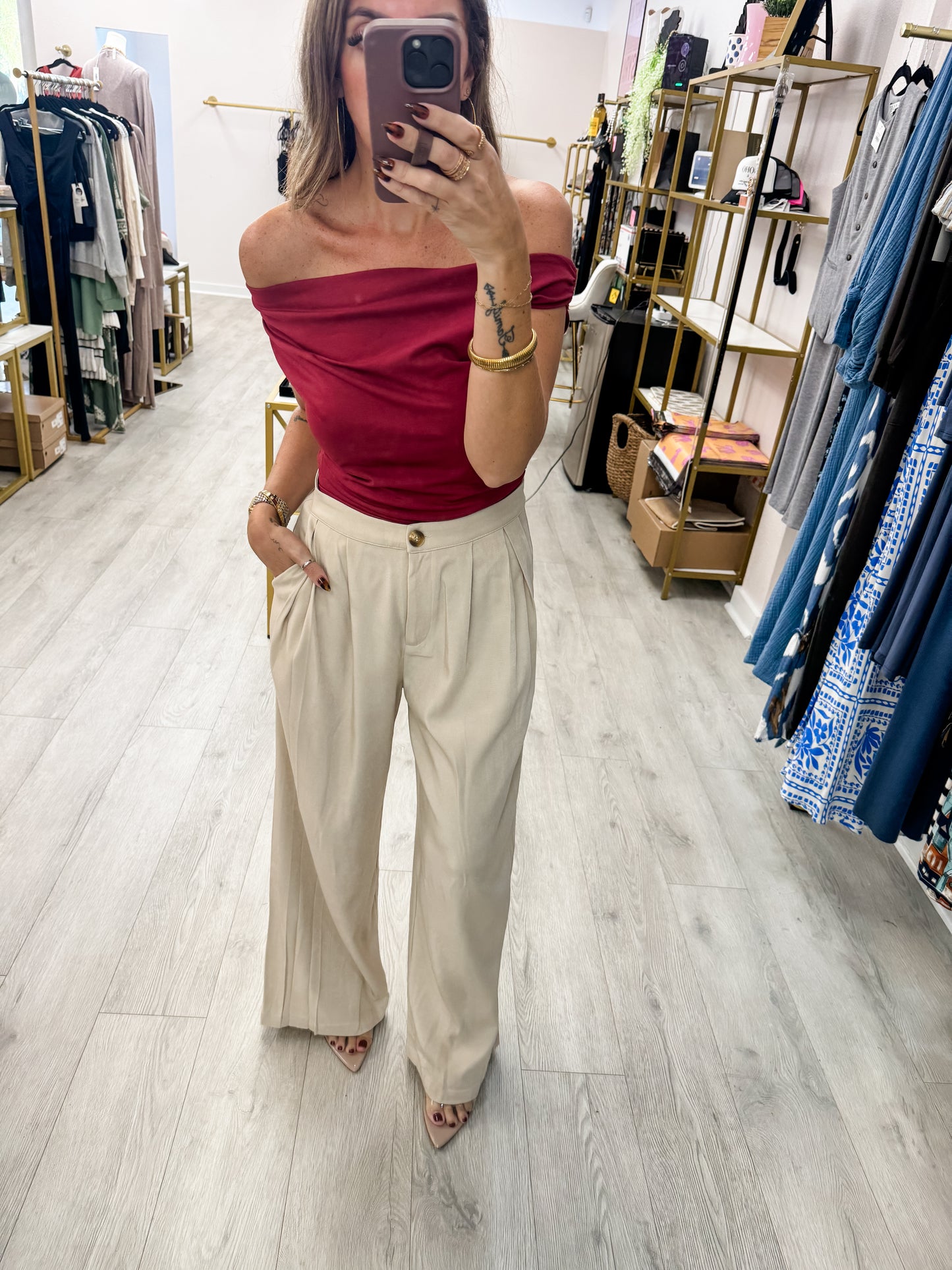 Beige Wide Leg Trousers