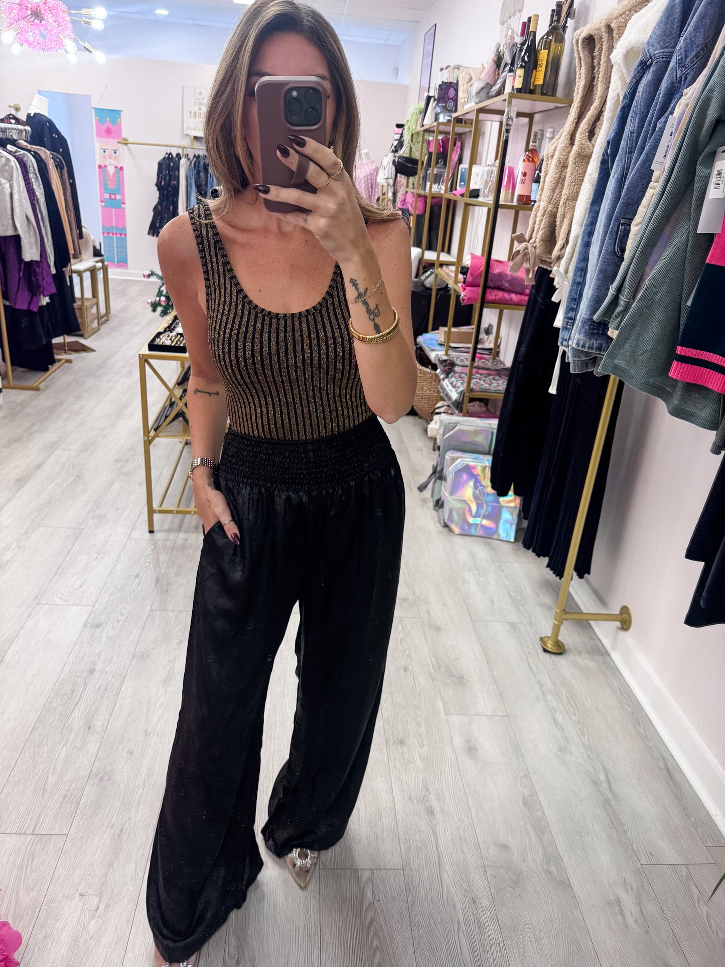 Black Wide Leg Foil Smocked Waist Pants