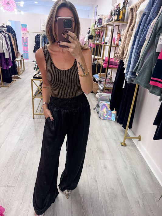 Black Wide Leg Foil Smocked Waist Pants