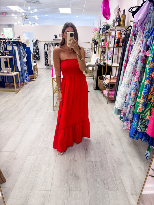 Red Strapless Boho Maxi Dress