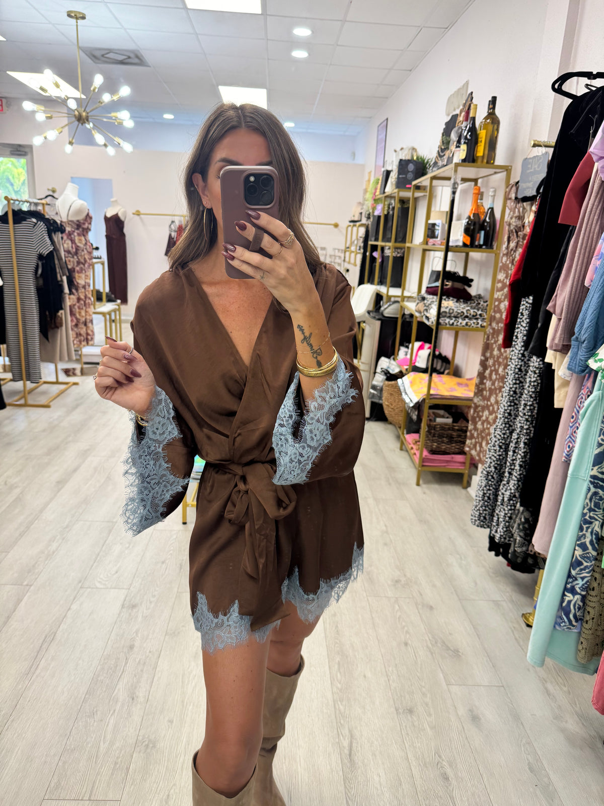 Brown Contrast Lace Trim Satin Wrap Romper