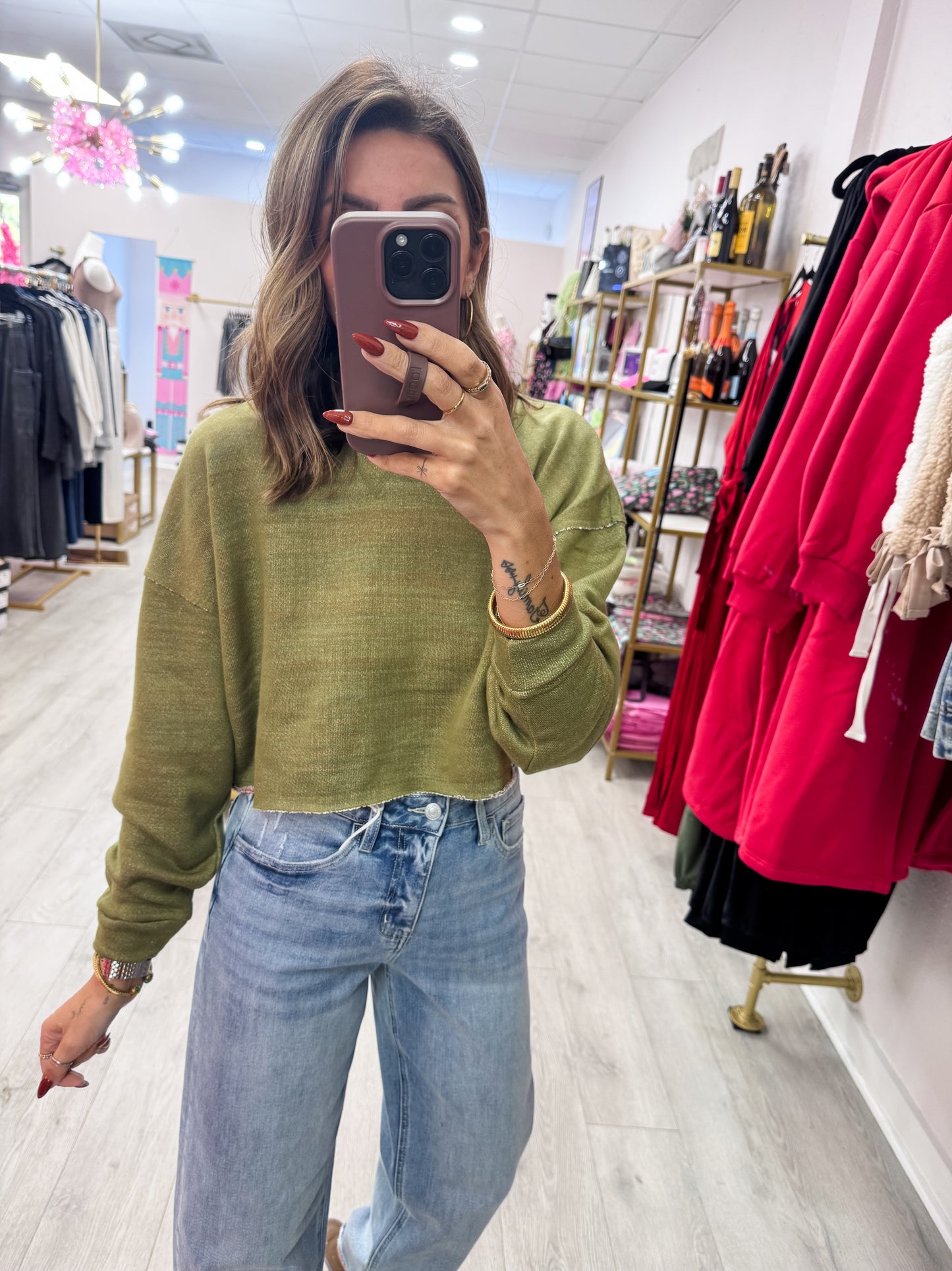 Olive Drop-Shoulder Cropped Top