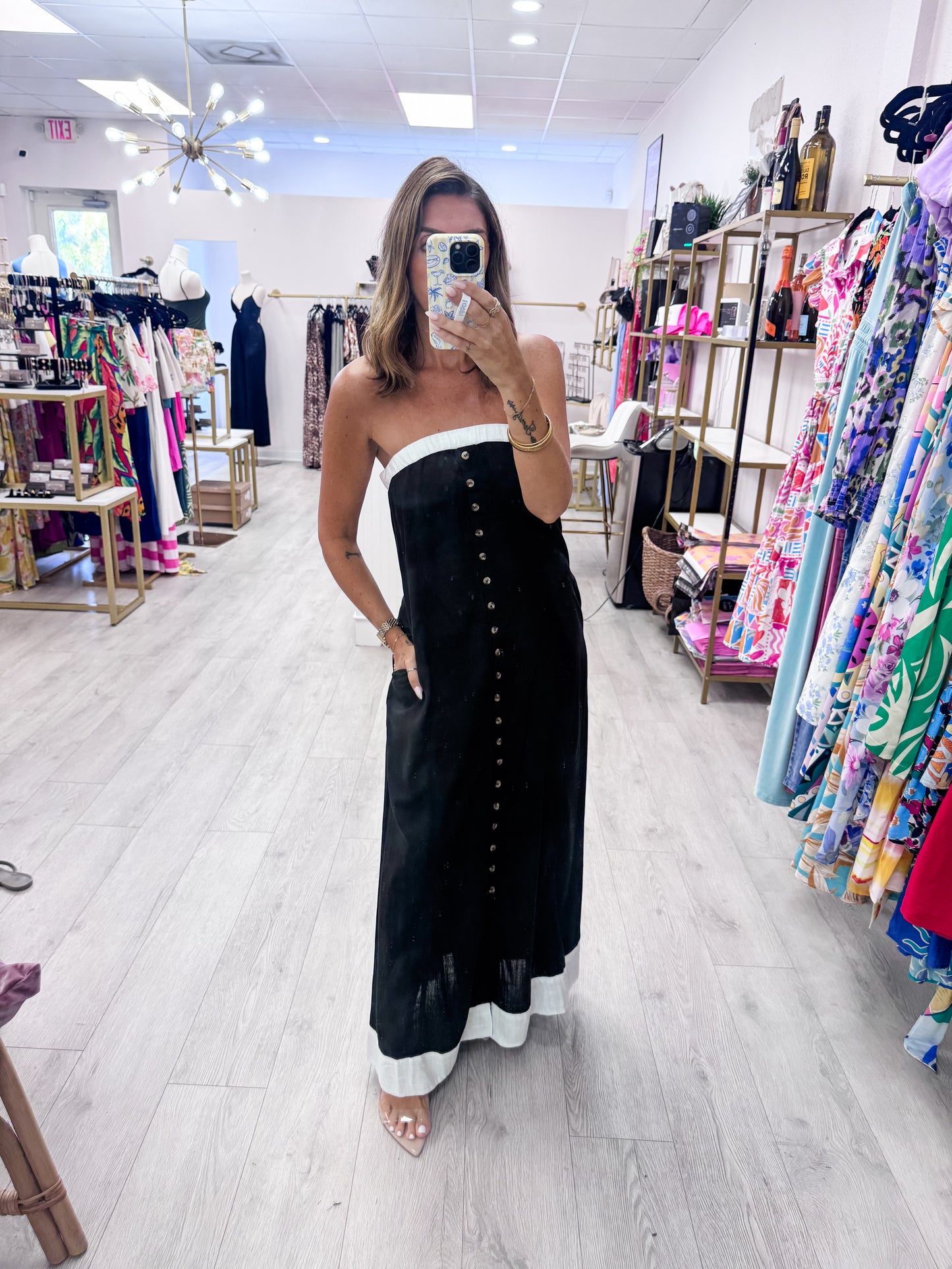Black Strapless Button-Front Maxi Dress