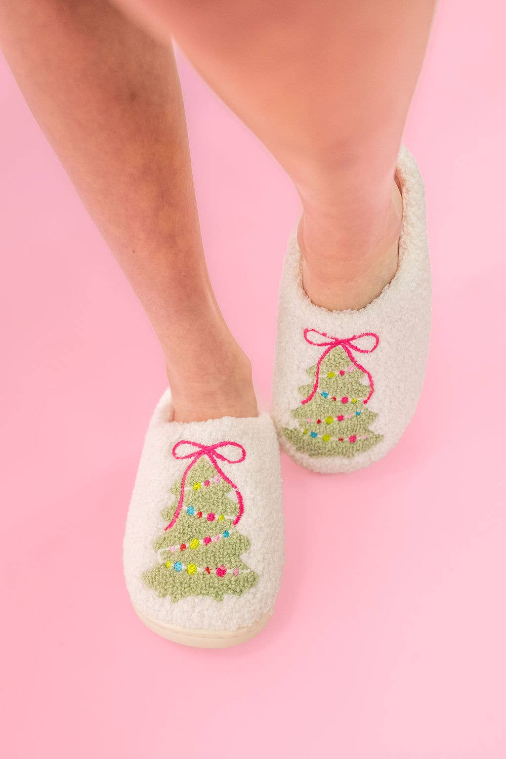 Pink Bow Christmas Tree Slippers