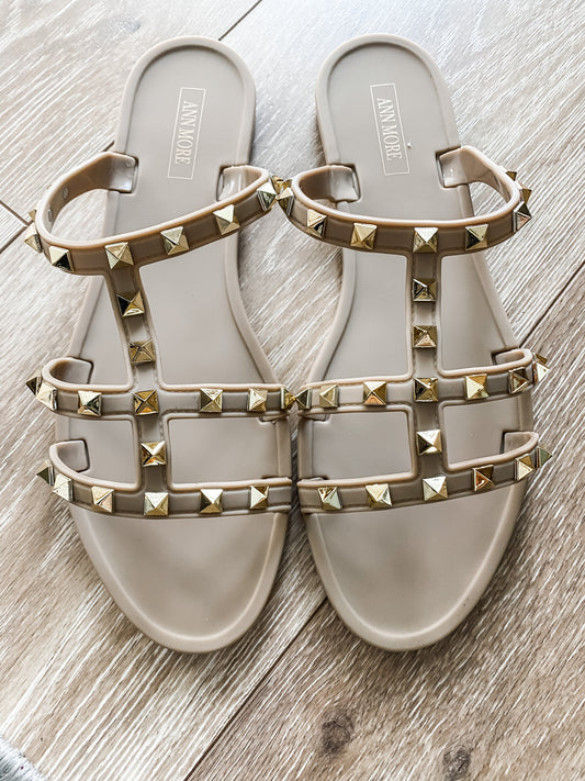 Dark Beige Designer Inspired Studded Sandals